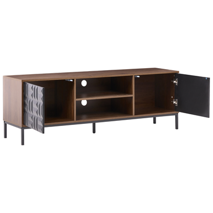 Brand Dark Brown TV Stand With Two Doors And Open Shelves Geometric Pattern Metal Legs