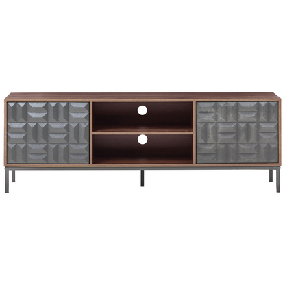 Brand Dark Brown TV Stand With Two Doors And Open Shelves Geometric Pattern Metal Legs