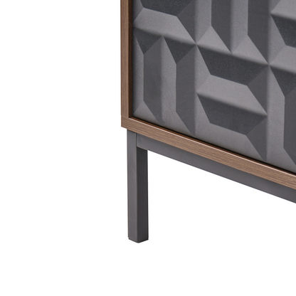 Brand Dark Brown TV Stand With Two Doors And Open Shelves Geometric Pattern Metal Legs