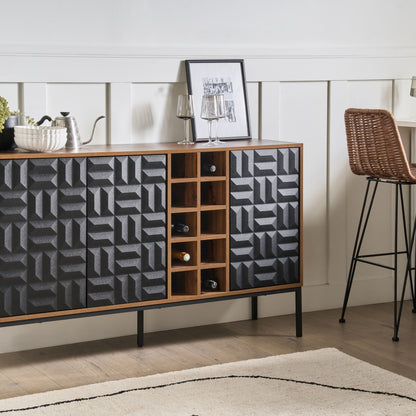 Timberline Home Sideboard Dark Brown 3 Door With Built In Wine Rack And Geometric Pattern MDF