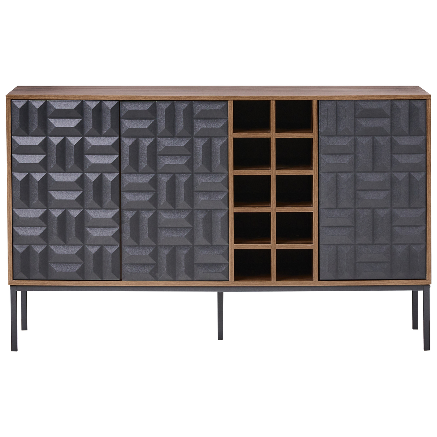 Timberline Home Sideboard Dark Brown 3 Door With Built In Wine Rack And Geometric Pattern MDF