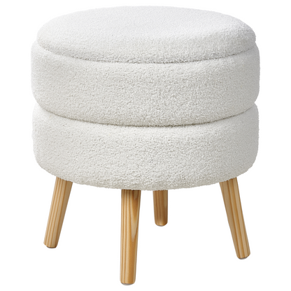 Stool White Boucle Upholstered With Storage Wooden Legs