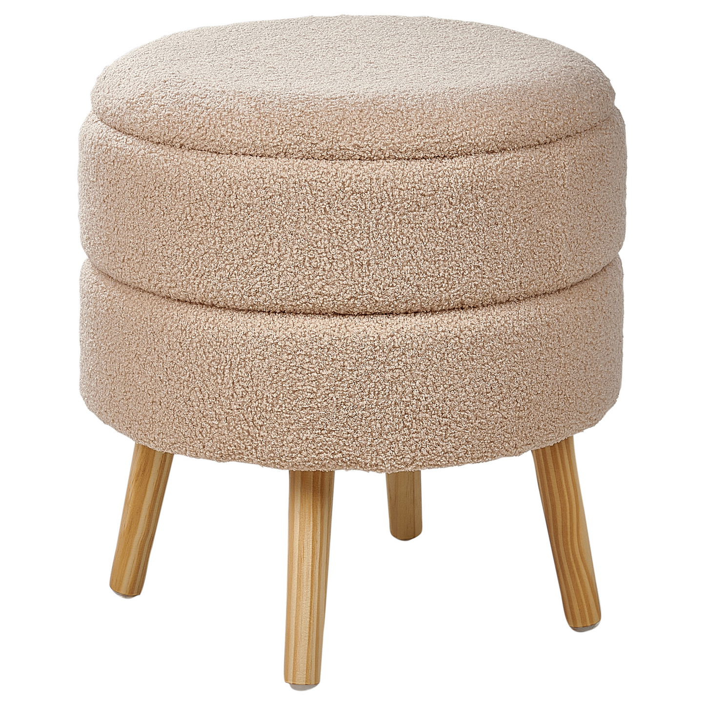 White Beige Upholstered Stool With Storage, Boucle Fabric, Wooden Legs