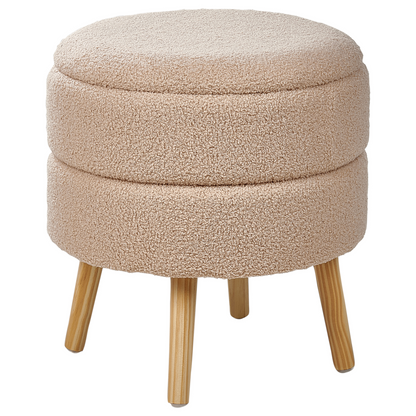 White Beige Upholstered Stool With Storage, Boucle Fabric, Wooden Legs