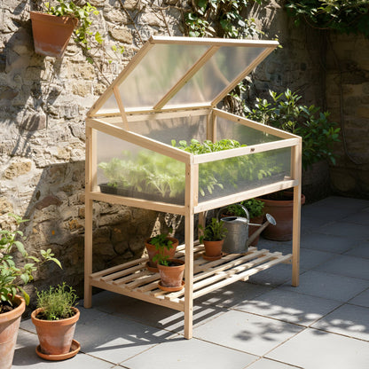 Balcony Greenhouse Elevated Light Brown Fir Wood Garden Bed With Transparent Panels