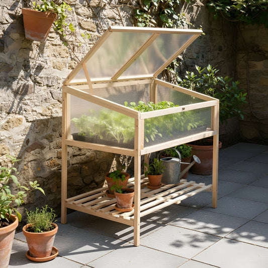 Balcony Greenhouse Elevated Light Brown Fir Wood Garden Bed With Transparent Panels
