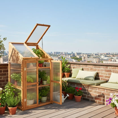Balcony Greenhouse Fir Wood 3 Tier Double Door LightBrown