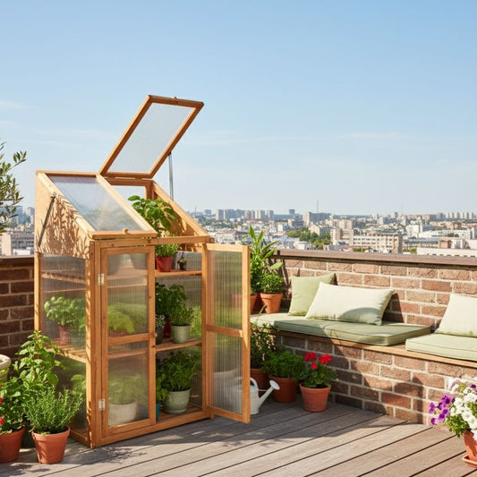 Balcony Greenhouse Fir Wood 3 Tier Double Door LightBrown