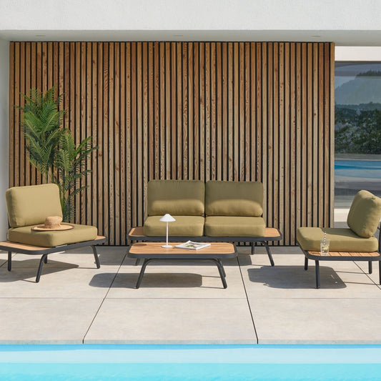 Outdoor 4 Piece Olive Green Acacia Wood Set With Aluminium Frame Cushions