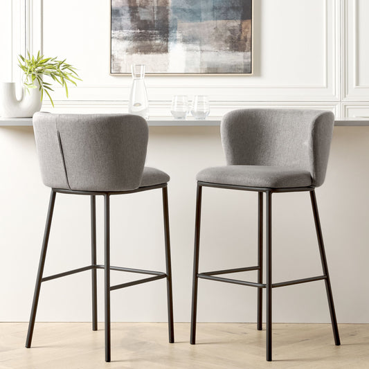 Set of 2 Bar Chairs Grey Polyester Black Metal Legs Armless Curved