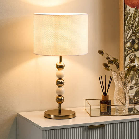 Lighting Table Lamp Brass Beige Iron Drum Shade Mid Century