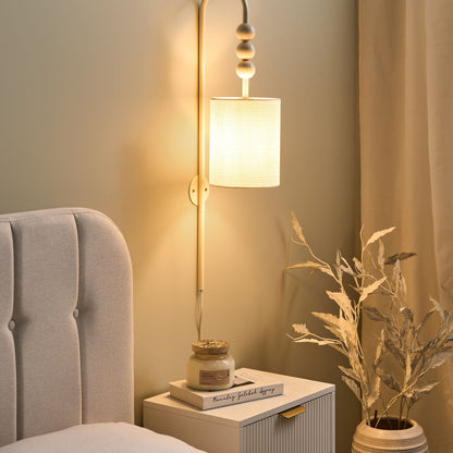 Wall Lamp Beige Iron Fabric Drum Shade Mid Century