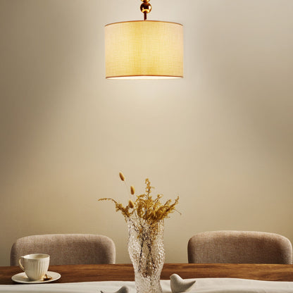 Brass Pendant Lamp With Fabric Drum Shade Mid Century