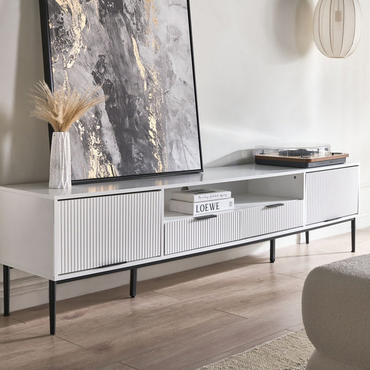 NordicLuxe TV Stand White MDF With Metal Legs Modern Cabinet Cable Management For Living Room