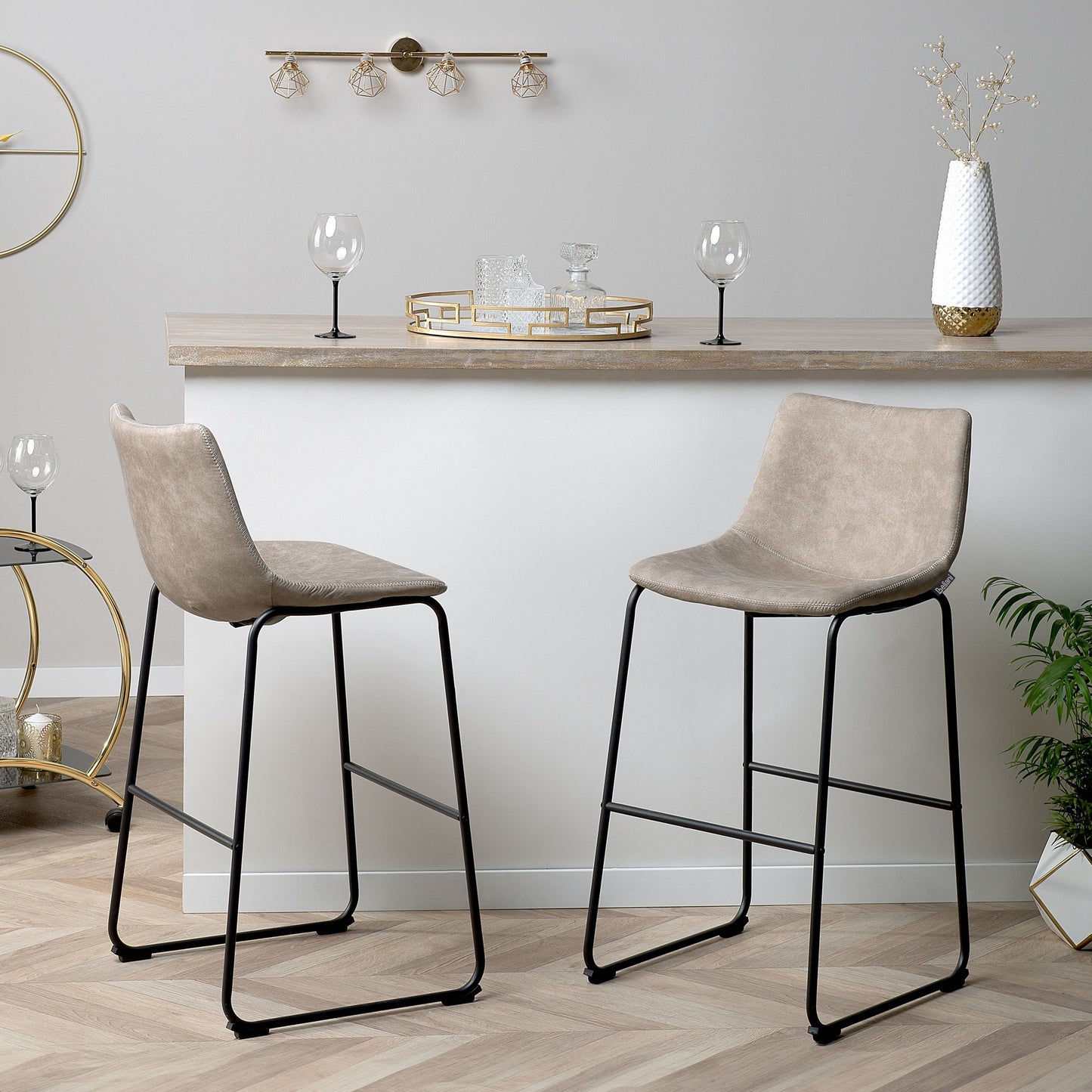 Astra Set Of 2 Bar Stools Beige Fabric Upholstery Black Metal Legs