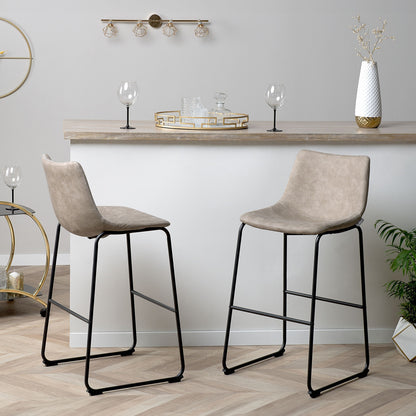 Astra Set Of 2 Bar Stools Beige Fabric Upholstery Black Metal Legs