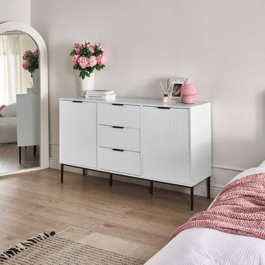 NordicNest Sideboard White MDF 2 Door Cabinet With 3 Drawers