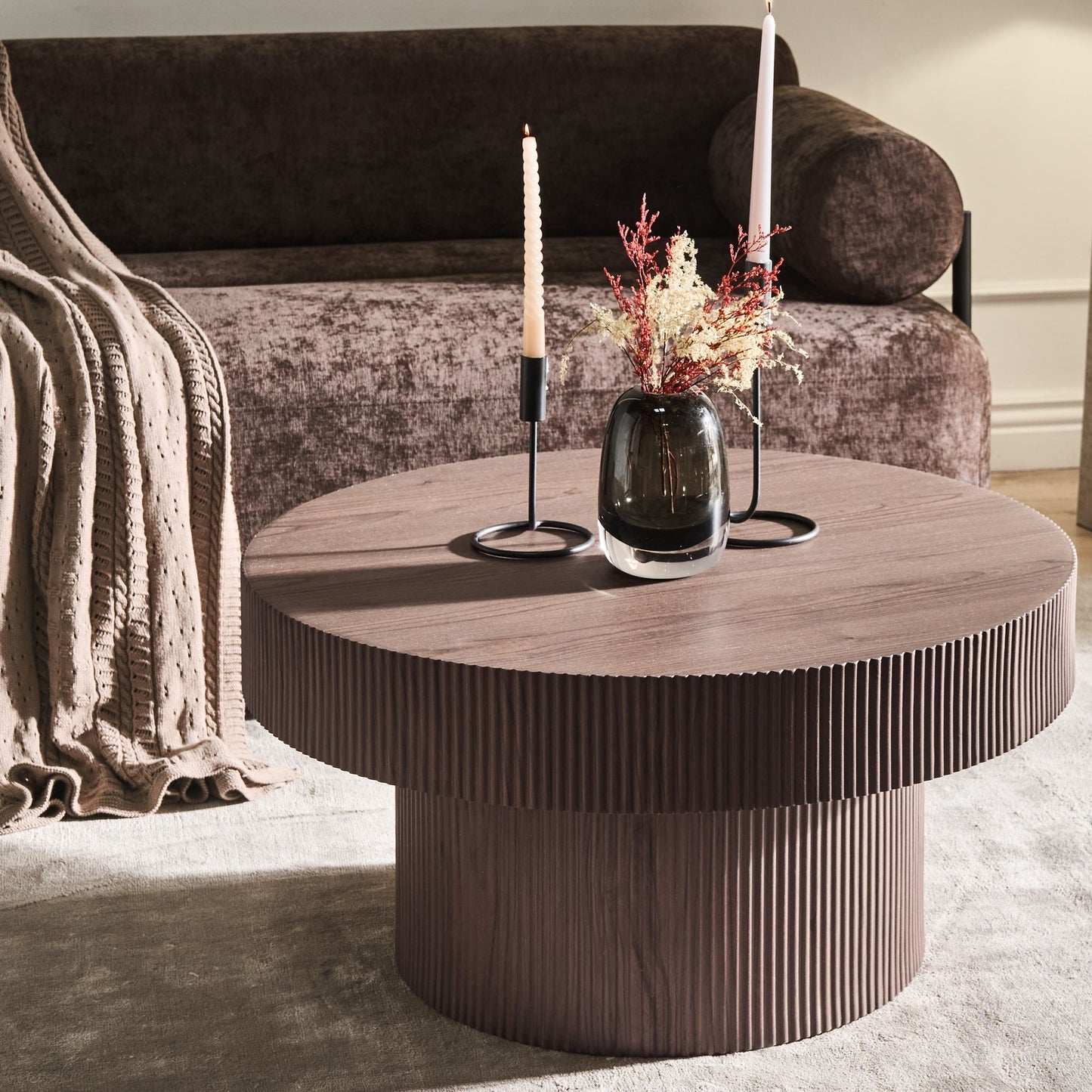 AstraHome Coffee Table Dark Brown MDF Top With Ribbed Leg 80 cm Modern Living Room