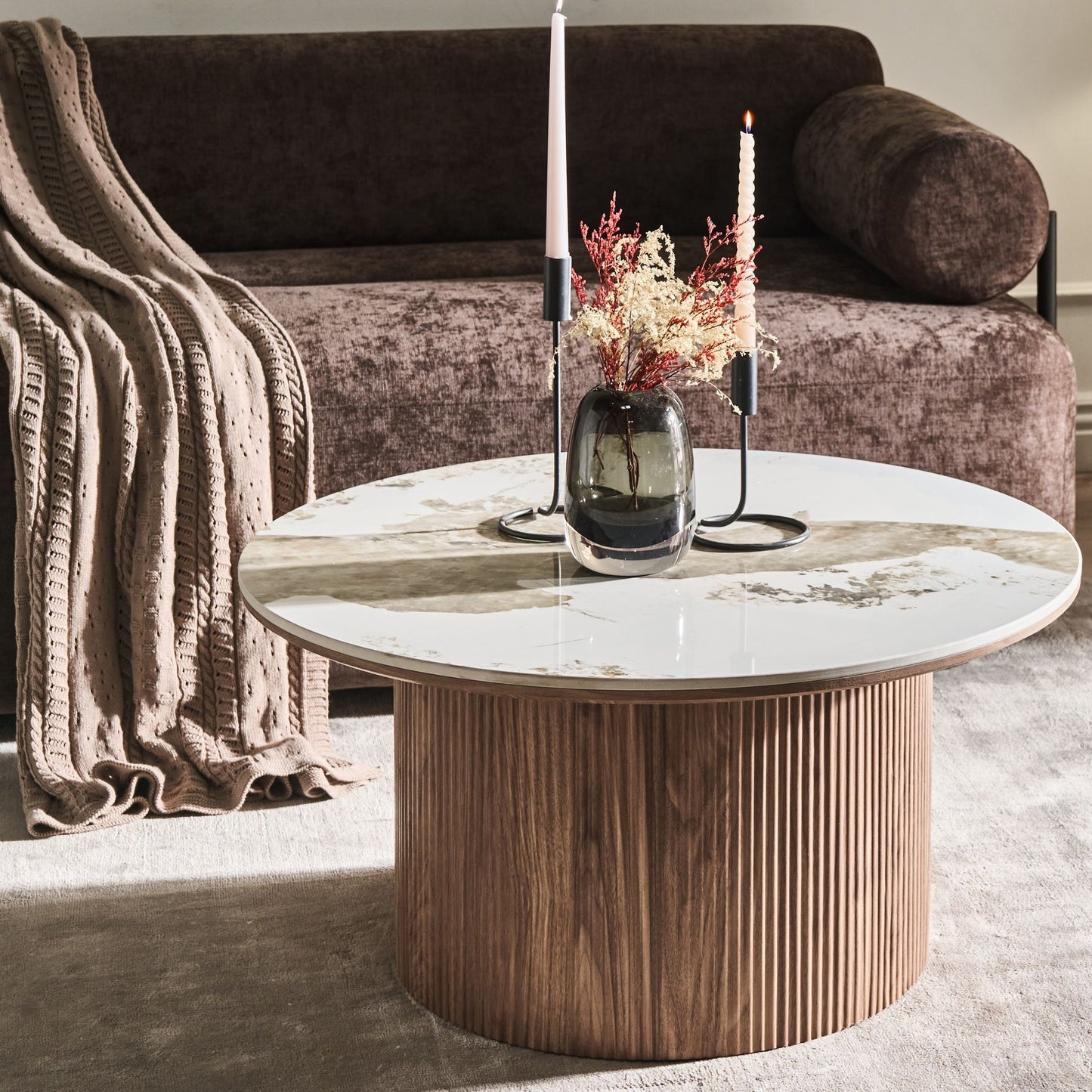 NovaHome Ceramic Top Coffee Table Ø80cm White Marble Ribbed MDF Base