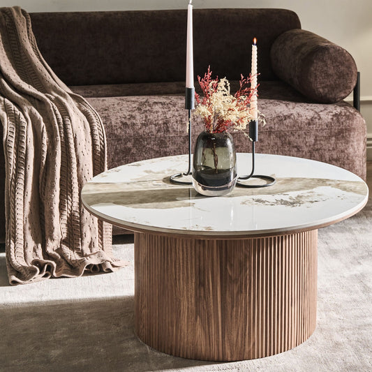 NovaHome Ceramic Top Coffee Table Ø80cm White Marble Ribbed MDF Base