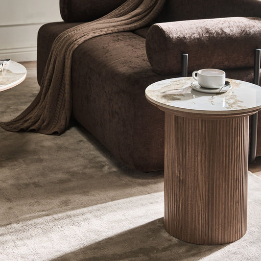 NovaLiving Ribbed Leg Side Table Modern Brown MDF Base With White Marble Ceramic Top 45cm Diameter