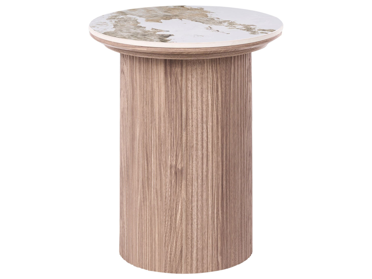 NovaLiving Ribbed Leg Side Table Modern Brown MDF Base With White Marble Ceramic Top 45cm Diameter