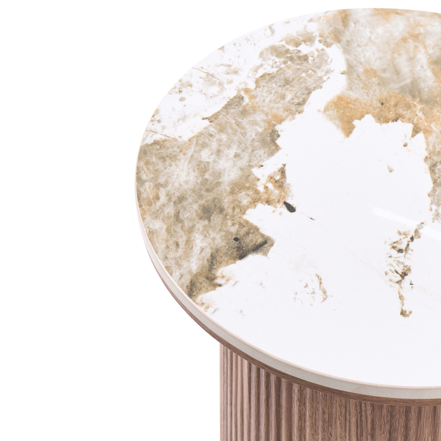 NovaLiving Ribbed Leg Side Table Modern Brown MDF Base With White Marble Ceramic Top 45cm Diameter