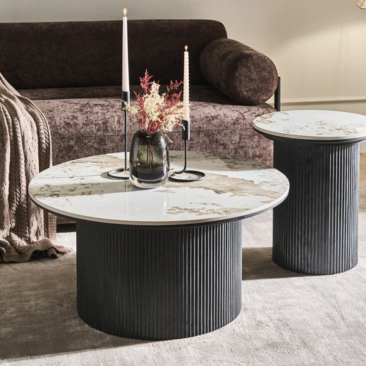 NovaHome Coffee Table Ceramic Marble Top White Ribbed MDF Legs 80 cm