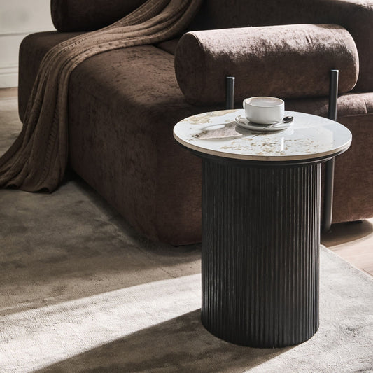NovaHome Side Table Black MDF Base 45 cm Diameter White Marble Ceramic Top Ribbed Leg