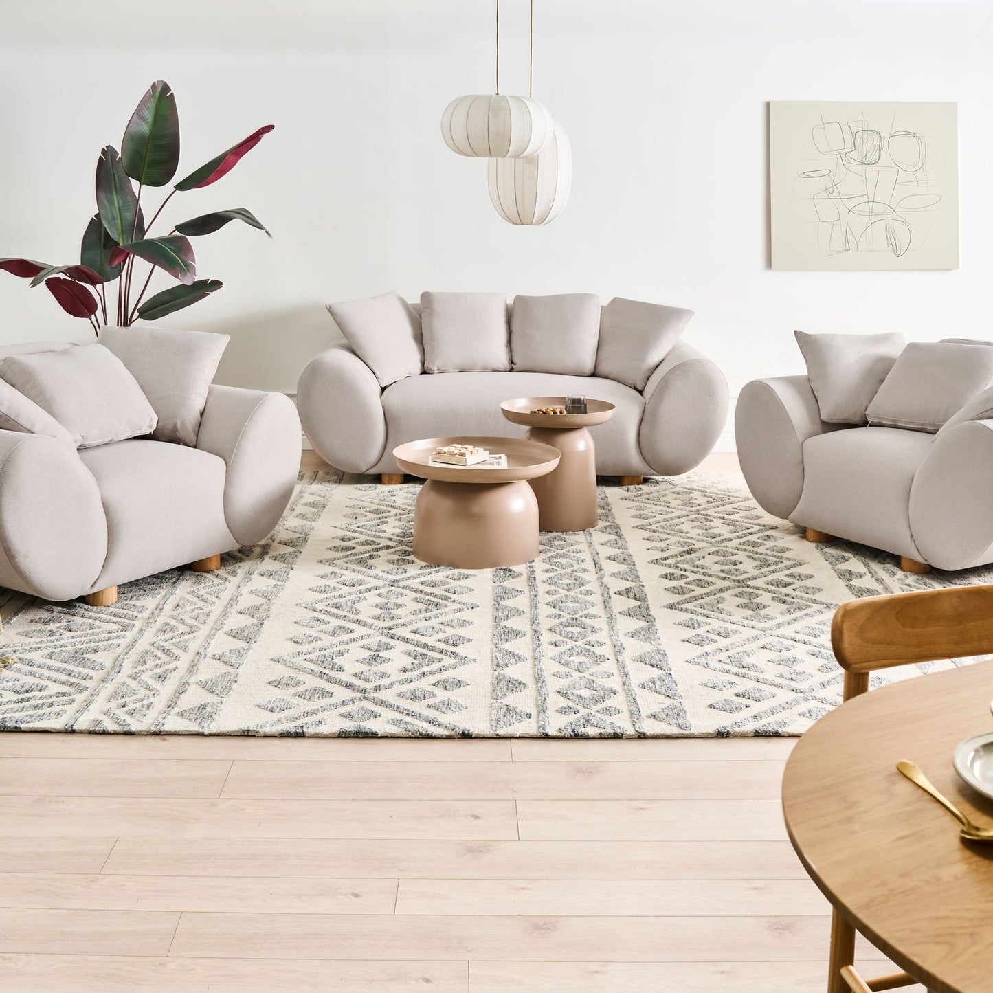 Fabric Living Room Set Light Beige With Rubberwood Legs