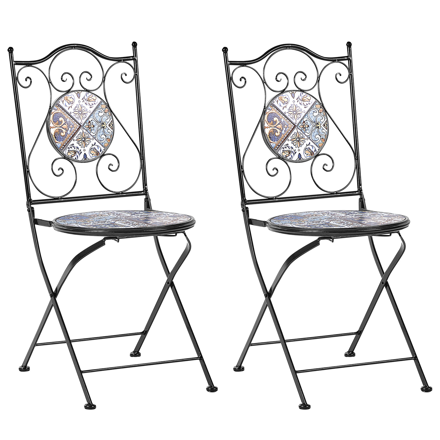 Set Of 2 Folding Black Metal Mosaic Patio Chairs