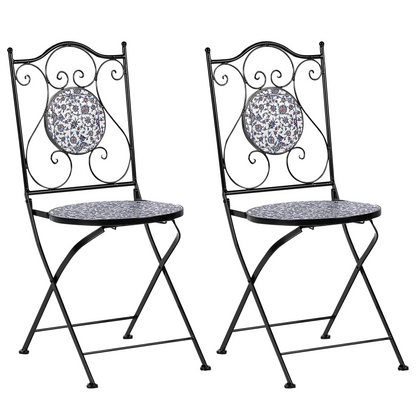 Set Of 2 Folding Garden Chairs Black Iron Frame BlueTiles
