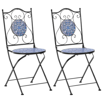 Noble Garden Folding Garden Chairs 2 Black Metal Blue Mosaic