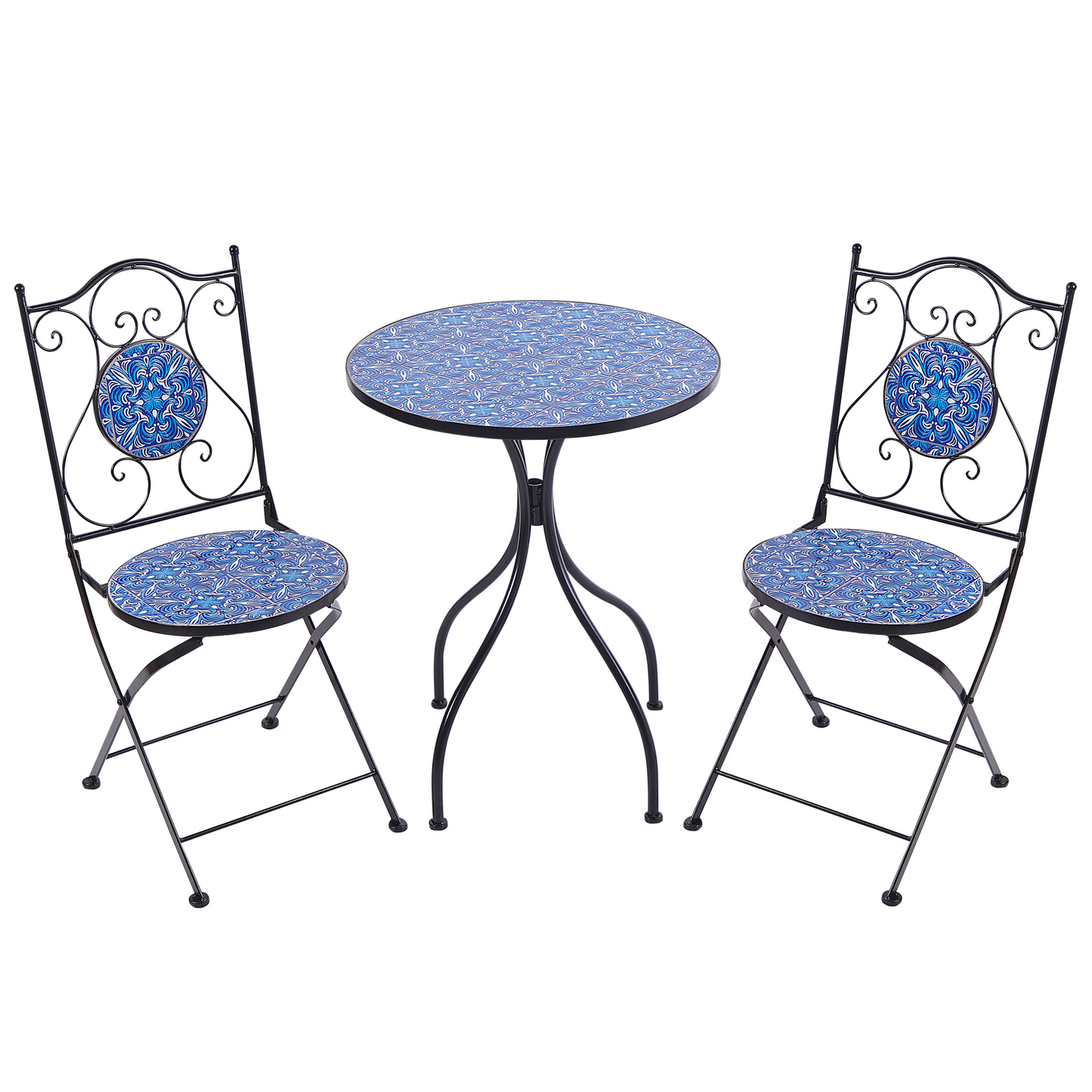 Heritage Garden Bistro Set Black Metal Table And 2 Chairs Blue Mosaic