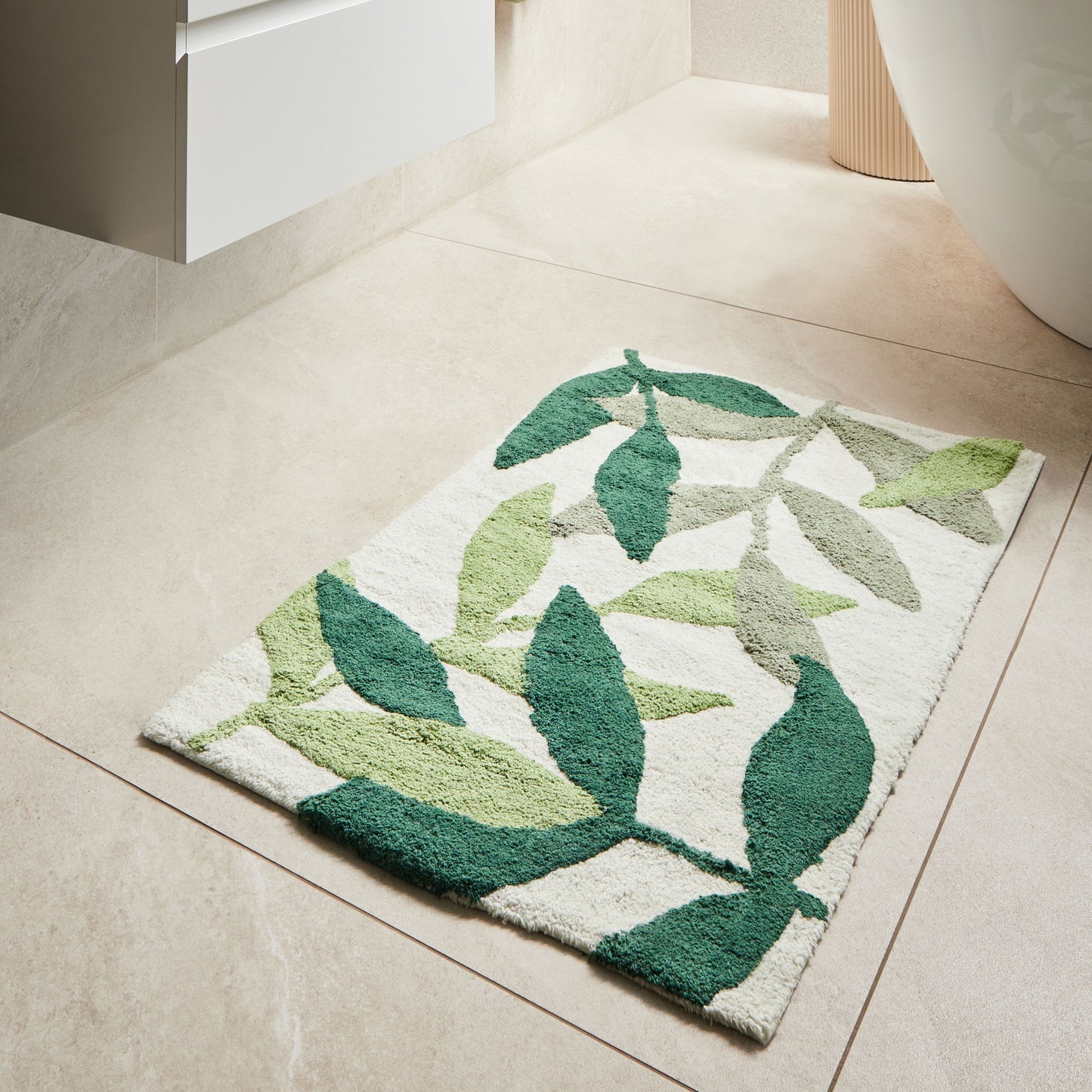 Green Cotton Bath Mat 60 x 90cm Modern Leaves Pattern