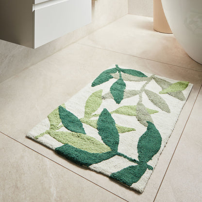 Green Cotton Bath Mat 60 x 90cm Modern Leaves Pattern