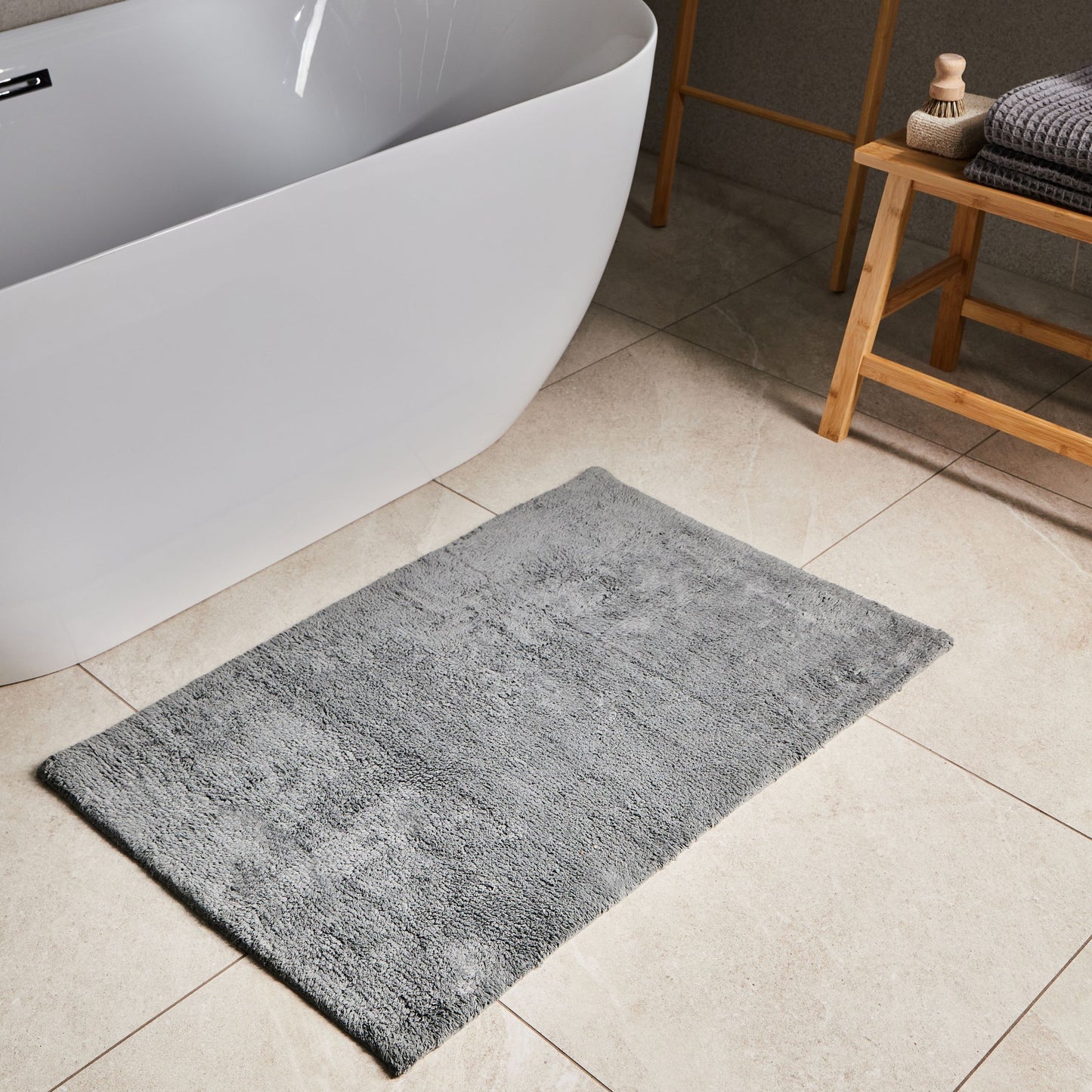 Grey Cotton Bath Mat 60 x 90cm Fluffy Solid Color