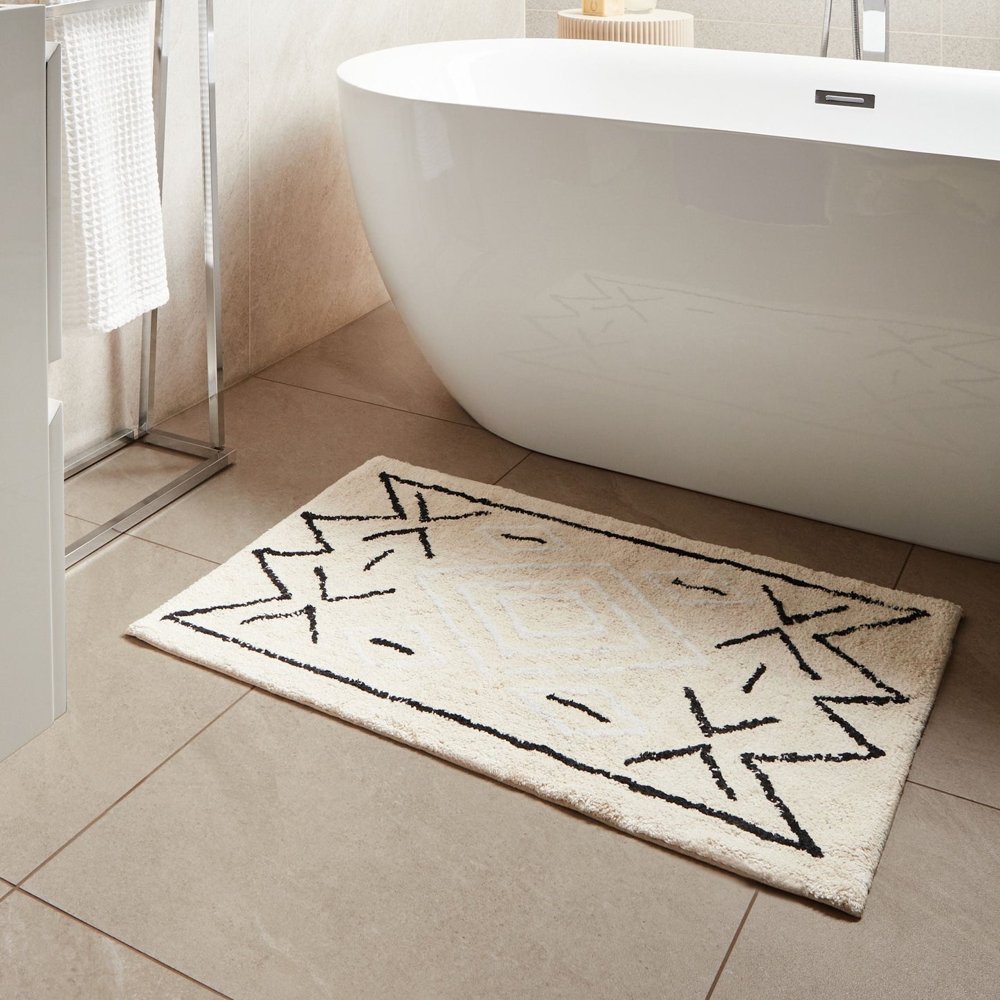 Bath Mat Light Beige Cotton 60 x 90cm Geometric Pattern