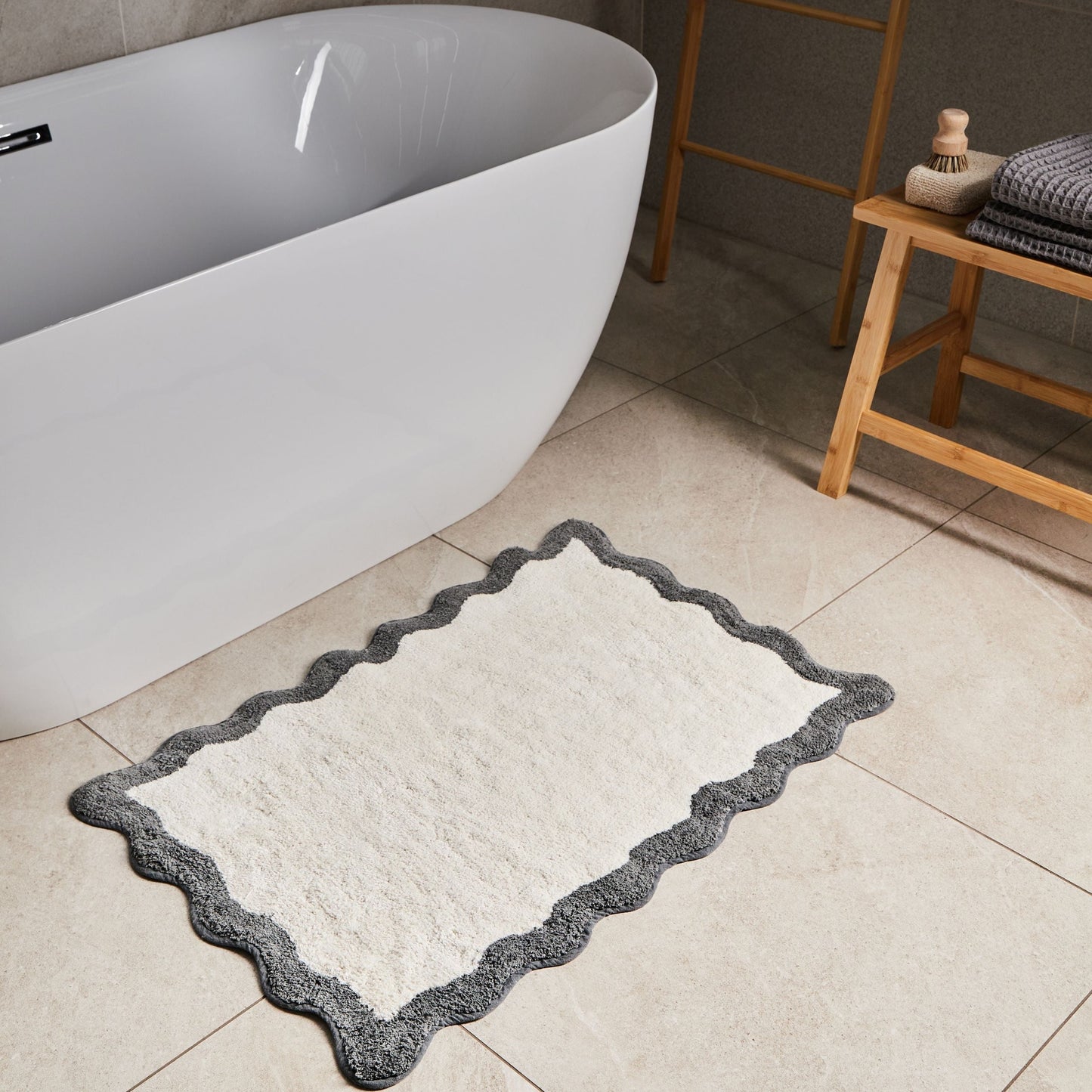 Bath Mat Beige Grey Cotton 60 x 90 Geometric Wavy Edge