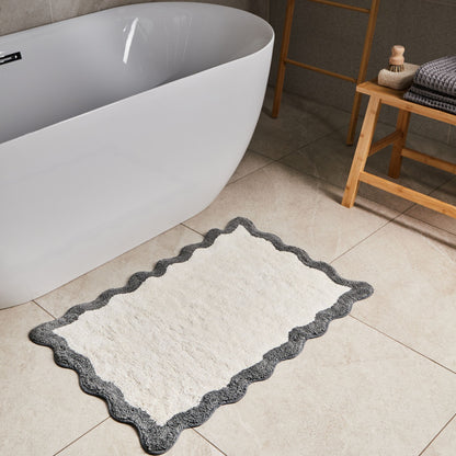 Bath Mat Beige Grey Cotton 60 x 90 Geometric Wavy Edge