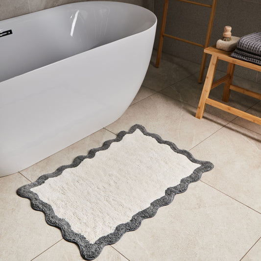 Bath Mat Beige Grey Cotton 60 x 90 Geometric Wavy Edge