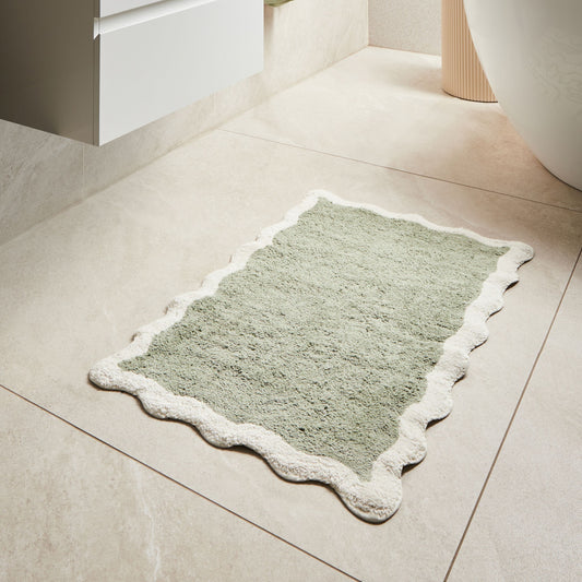 Cotton Bath Mat Green Beige 60 x 90 Geometric Fluffy