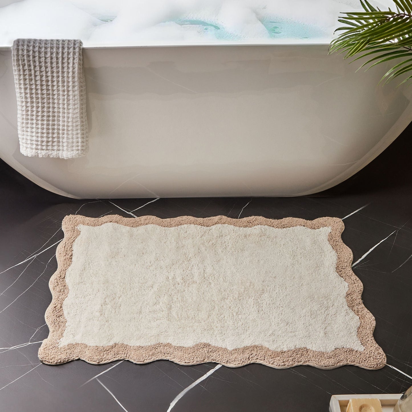 Bath Mat Beige And Brown Cotton 60 X 90cm Geometric Pattern Plush Rug Modern Design