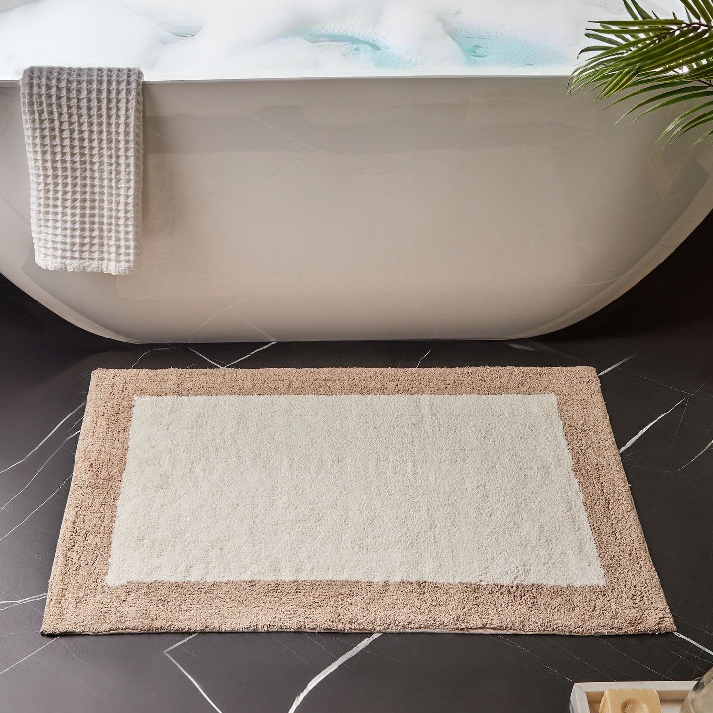 Bath Mat Beige And Brown Cotton 60 x 90cm Geometric Pattern