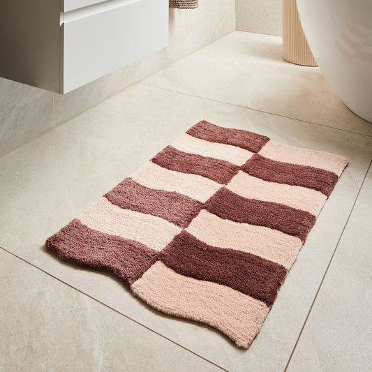 Cotton Bath Mat 60 x 90cm Beige Brown Geometric Pattern Plush Rug For Bath