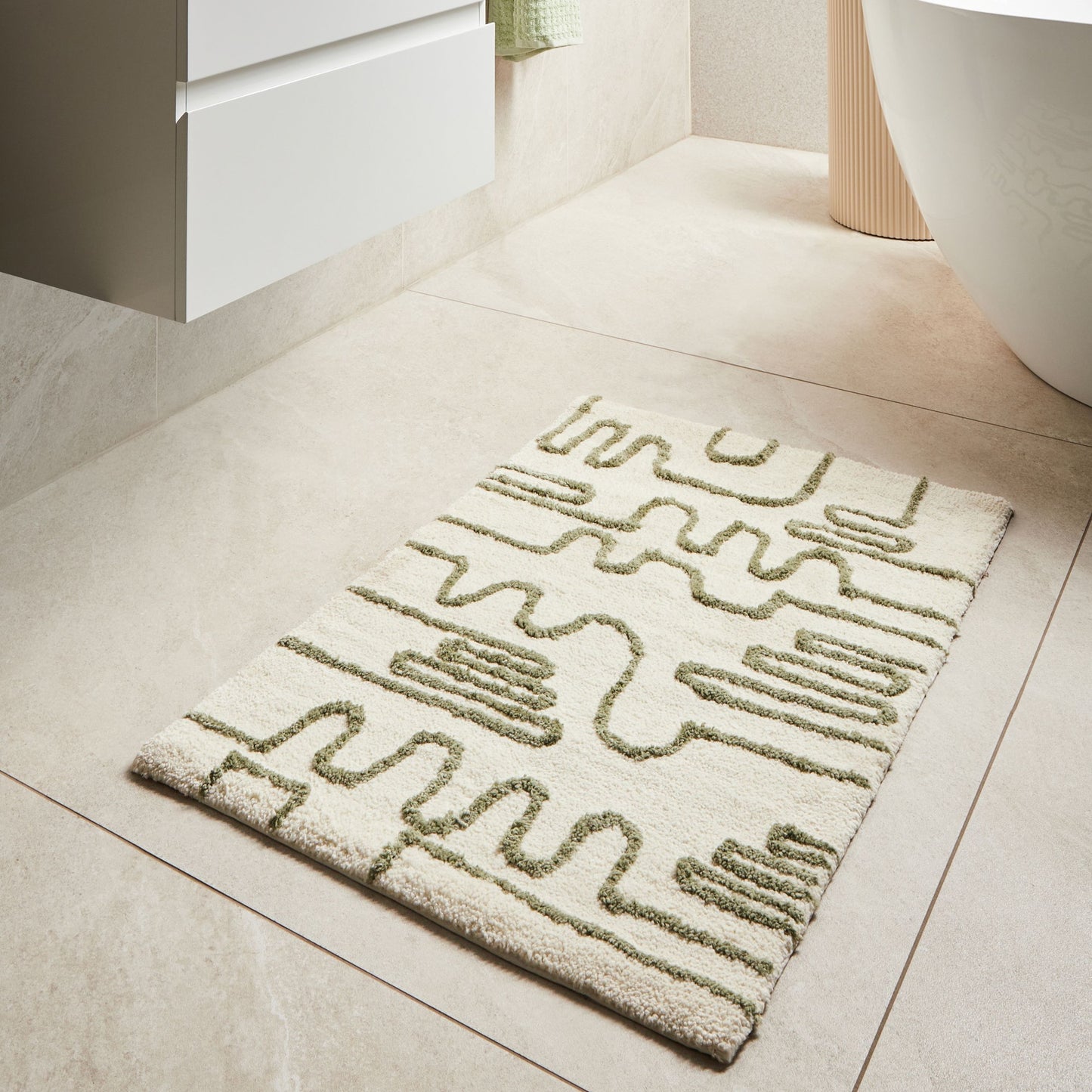 Bath Mat Beige Green 60 x 90cm Geometric Fluffy Rug