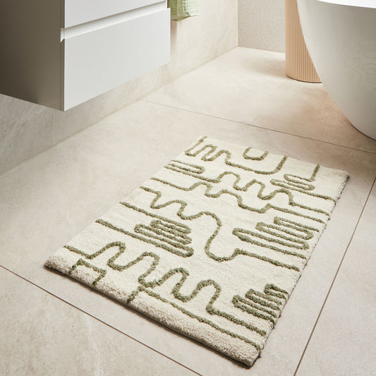 Bath Mat Beige Green 60 x 90cm Geometric Fluffy Rug
