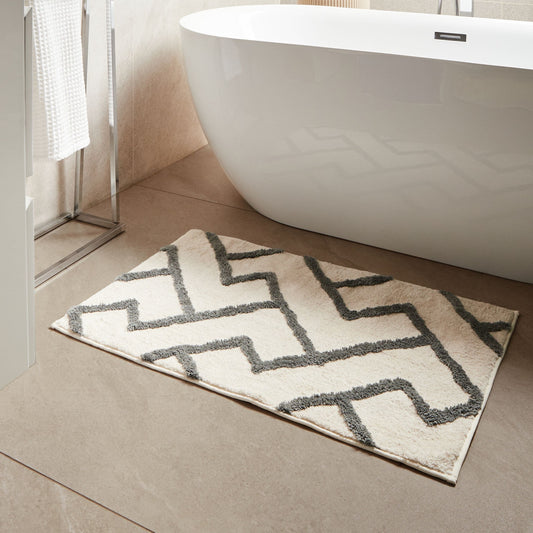 Modern Bath Mat Beige Grey 60 x 90cm Geometric Fluffy Rug