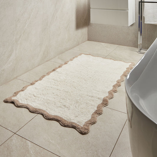 Bath Mat 80 x 150cm Beige Brown Wavy Edge Geometric Plush