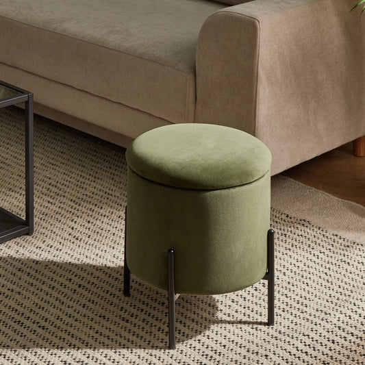 Dark Green Storage Pouffe With Wooden Base